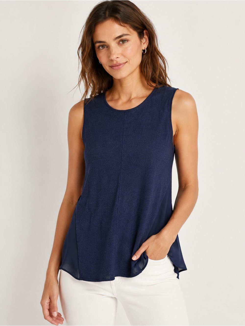 NIC+ZOE Silk Blend Tunic Tank Navy Mixed Media Sleeveless Top XS